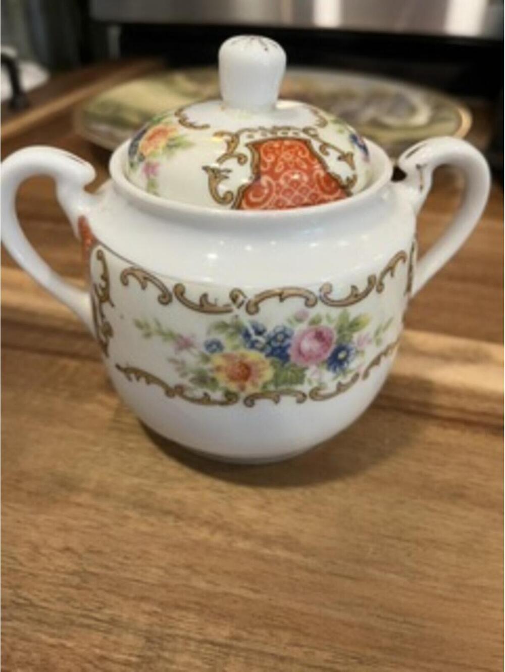 Vintage Porcelain Lidded Sugar Bowl with Floral Decor Made in Japan